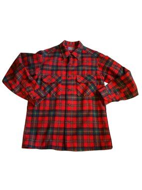 Vintage Pendleton Red & Green Plaid Board Shirt Wool Long Sleeve USA Made Mens